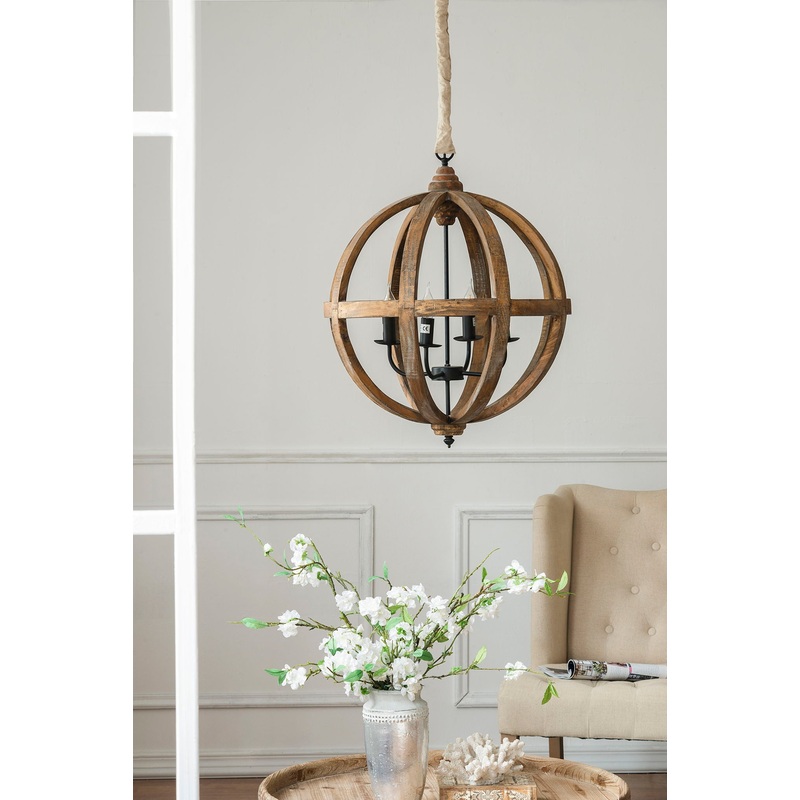 4 Light Wood Chandelier, Hanging Light Fixture With Adjustable Chain For Kitchen, Bulb Not Included – Brown