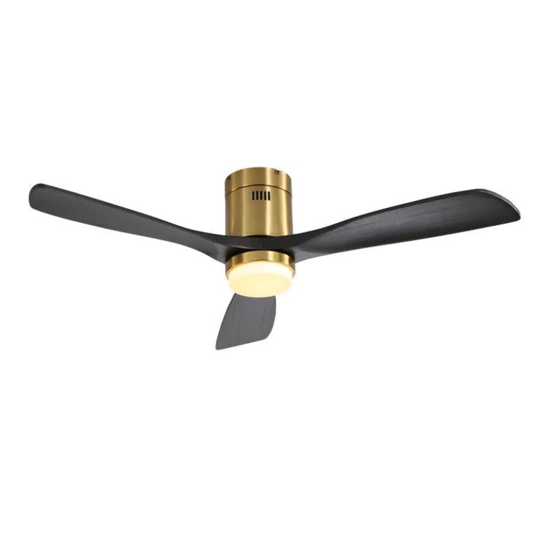 Flush Mount Ceiling Fan With 3 Solid Wood Blades Remote Control Reversible DC Motor For Living Room – Gold