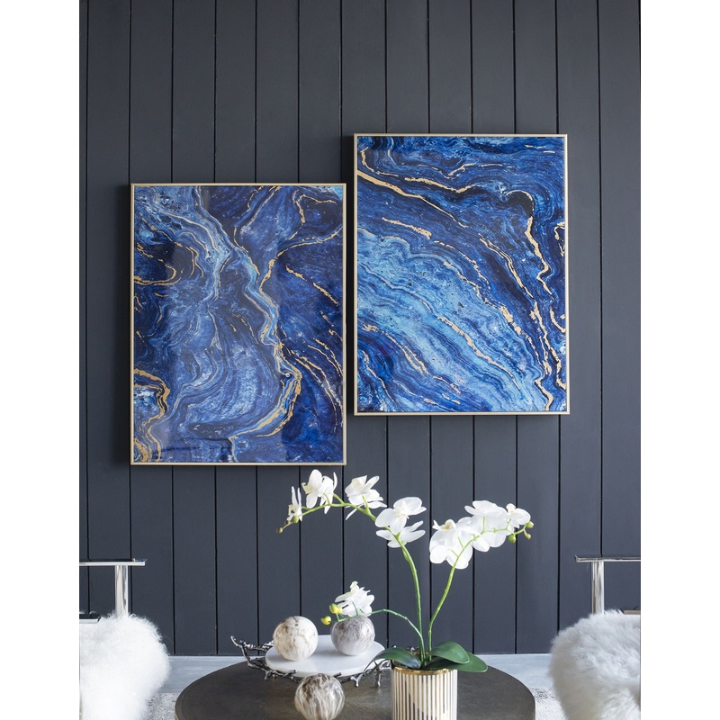 Framed Art Panels, Unique Marbled Design (Set of 2) – Blue