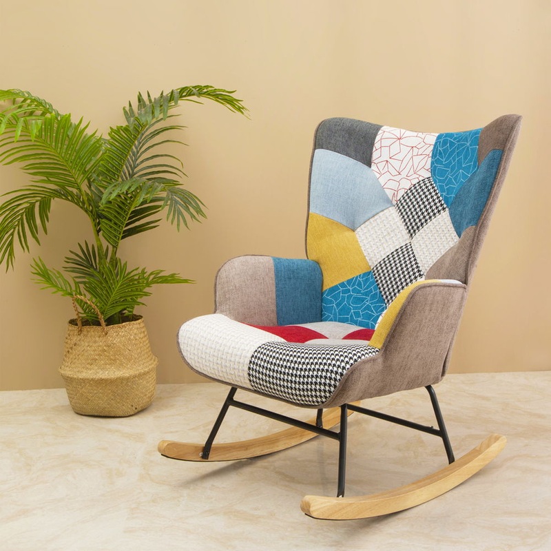 Rocking Chair, Mid-Century Fabric Rocker Chair With Wood Legs And Patchwork Linen For Livingroom Bedroom – Multicolor
