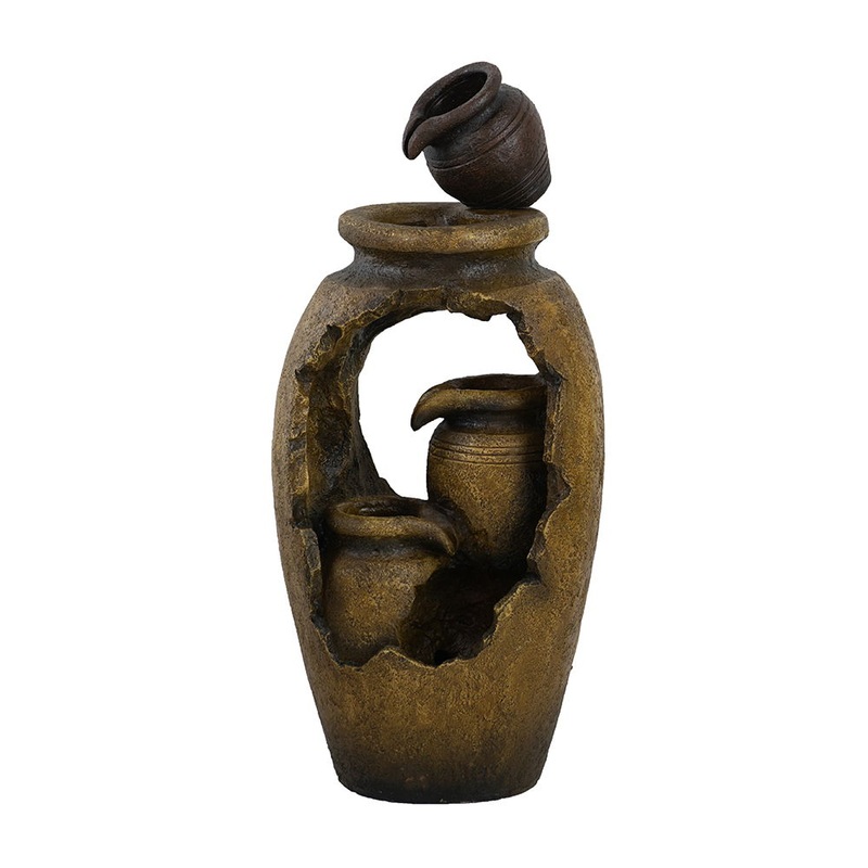 Traditional Rustic Decorative 3 Tier Water Fountain With Pot Design, With Light And Pump, For Indoor And Outdoor – Brown