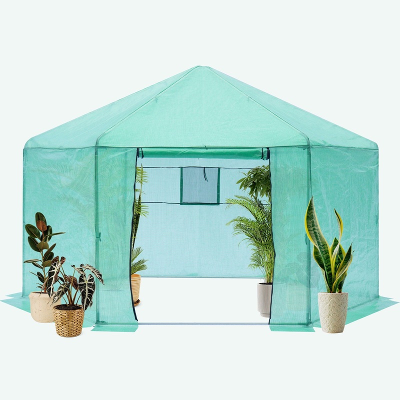 Walk-in Greenhouse Hexagonal Upgrade Reinforced Frame Heavy Duty Plastic Greenhouse Reinforced Thickened Waterproof Insulation (13.1*8.6 ft) – Green