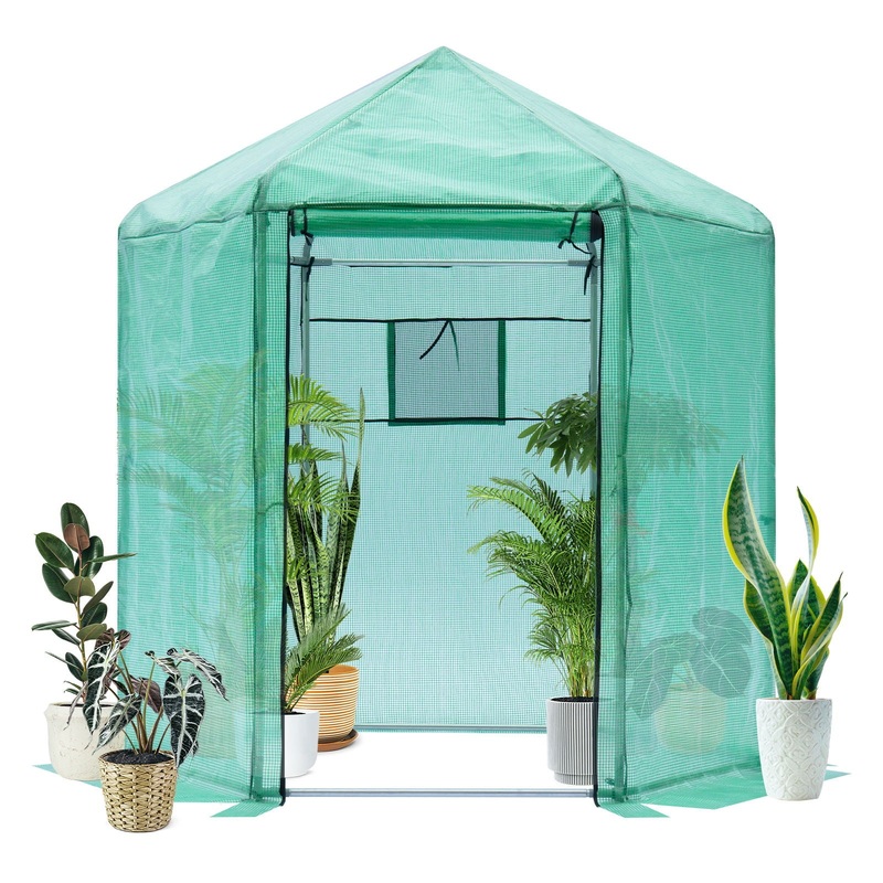 Walk-in Greenhouse Hexagonal Upgrade Reinforced Frame Heavy Duty Plastic Greenhouse Reinforced Thickened Waterproof Insulation (6.9*7.5 ft) – Green