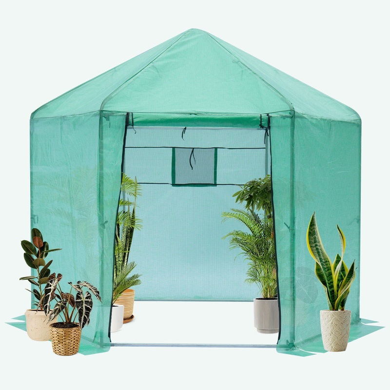 Walk-in Greenhouse Hexagonal Upgrade Reinforced Frame Heavy Duty Plastic Greenhouse Reinforced Thickened Waterproof Insulation (9.2*8.1 ft) – Green