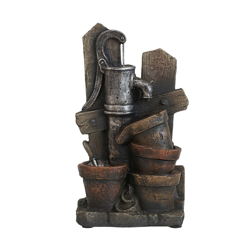 Water Fountain With Antique Water Pump Design And LED Light – Brown / Gray