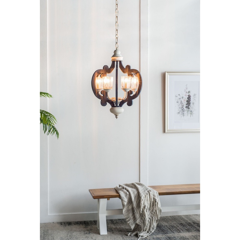 Wood Chandelier 6 Light Farmhouse Pendant Lighting Wood Hanging Light Fixture For Kitchen Living Dining Room, Bulb Not Included – Cream
