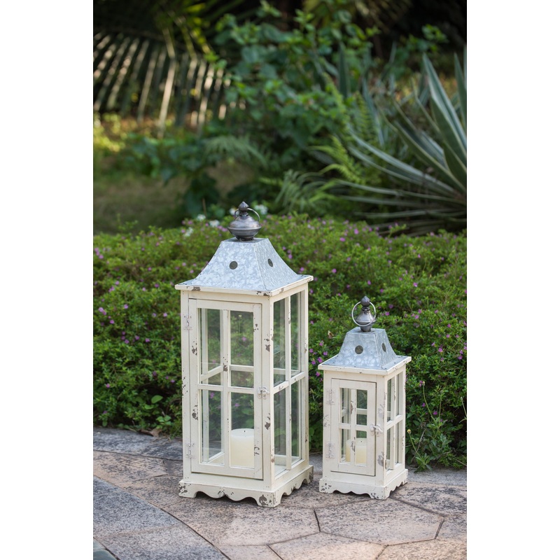 Wooden Candle Lantern Decorative, Hurricane Lantern Holder Decor For Indoor Outdoor, Home Garden – Ivory