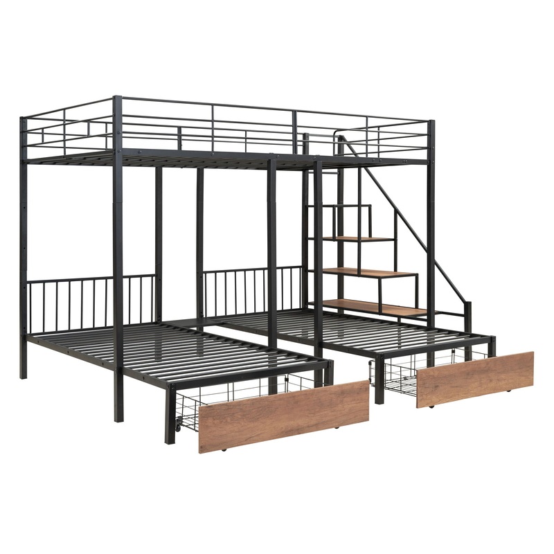 Full Over Twin-Twin Triple Bunk Bed With Drawers And Staircase – Black