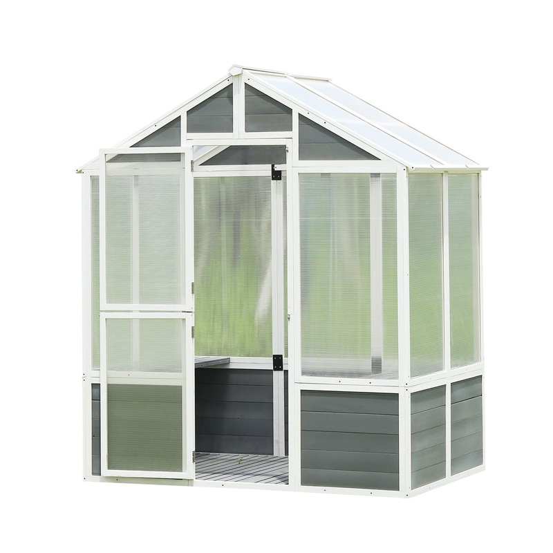 Greenhouse, Wooden Greenhouse Polycarbonate Garden Shed For Plants, Walk-In Outdoor Plant Gardening Greenhouse For Patio Backyard Lawn, Grow House With Front Entry Door – White / Gray