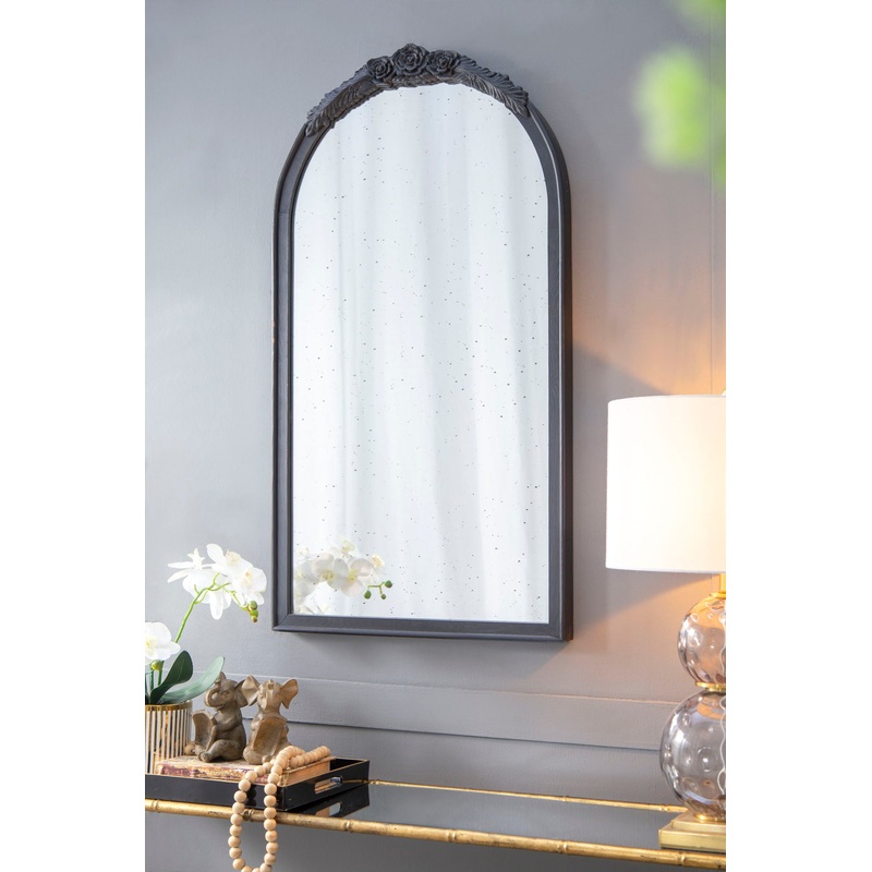 Hand Carved Rose Antique Mirror Frame, Wood Arch Mirror Wall Decor For Living Room