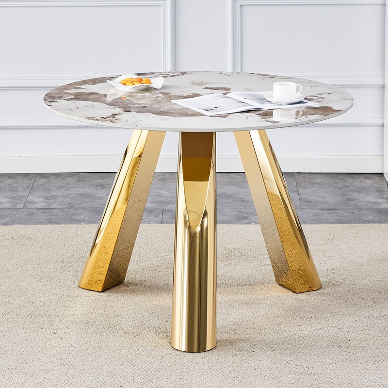 Marble Grained Stone Round Table Three – Legged Round Table With Stainless Steel Plated Legs Natural Healthy And Environmentally Friendly Round Table
