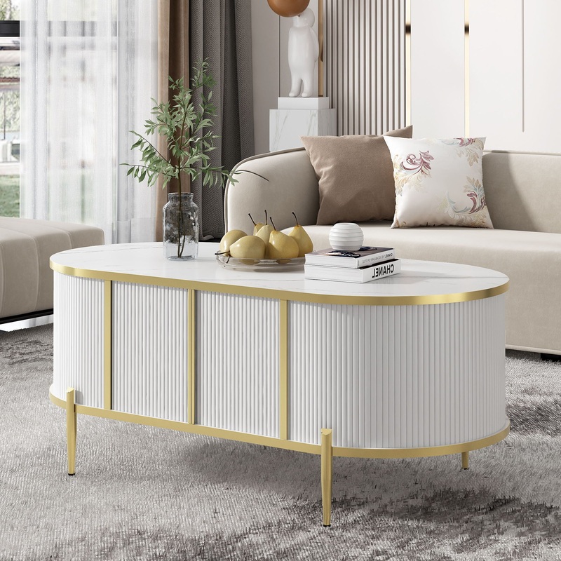 Modern Luxury Oval Shaped Fluted Coffee Table, Marble – Patterned Top Coffee Table With 2 Cabinets, Metal Legs And Handles For Living Room
