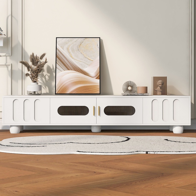 Modern TV Stand For TVs Up To 80, Entertainment Center With Glass Door, 2 Drawers And Cabinets, Wood TV Storage Cabinet With Solid Wood Legs And Metal Handles For Living Room