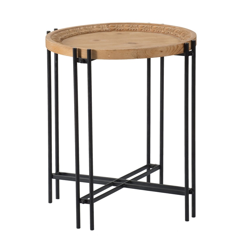 Round Side Table With Wood Top, End Table For Living Room Bedroom – Black Brown