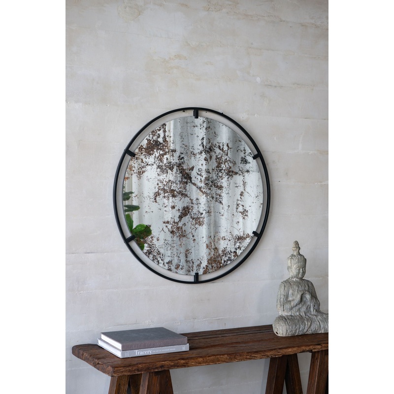 Theodor – Mirror With Industrial Design Round Mirror With Metal Frame For Wall Decor & Entryway Console Lean Against Wall – Black