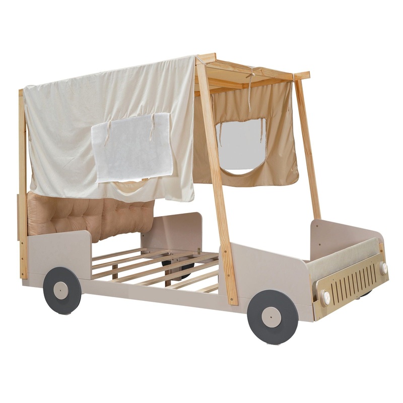 Wood Full Size Car Bed With Pillow, Ceiling Cloth And LED – Natural