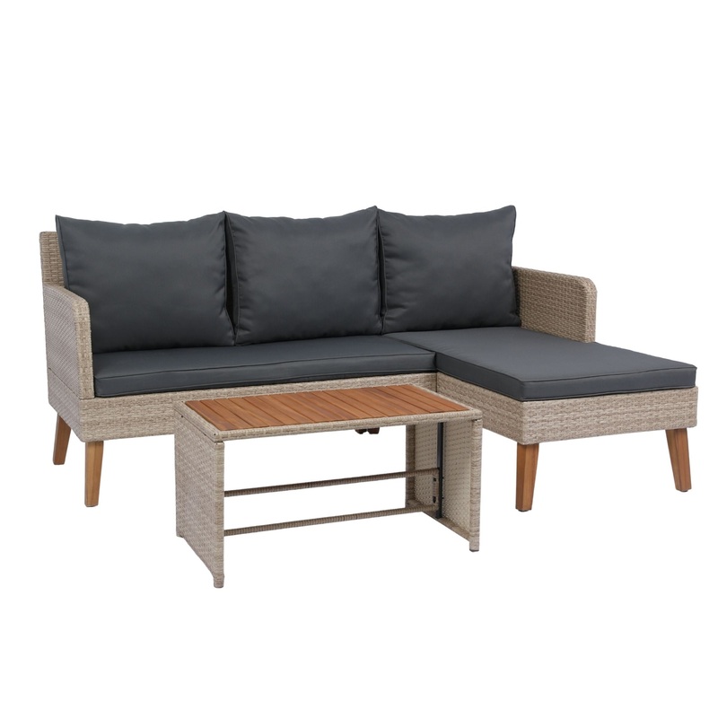 3 Piece Patio Sectional Wicker Rattan Outdoor Furniture Sofa Set Natural Wicker And Cushion – Yellow / Dark Gray