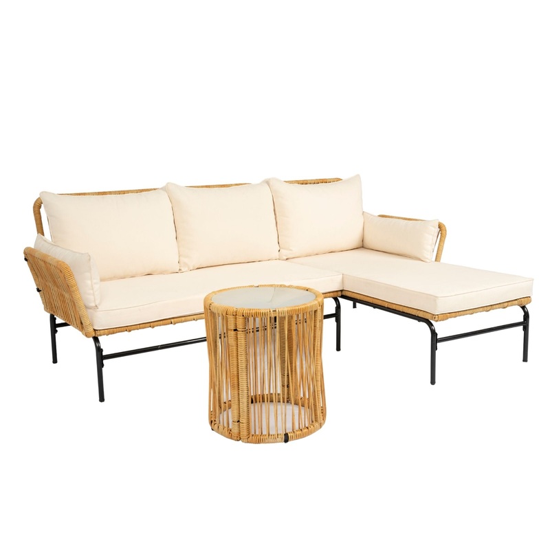 3 Pieces Outdoor Patio Wicker Furniture Sets Table And Chairs With Thick Cushion Outdoor Sofa Set Wicker And Cushion – Natural Yellow / Creme