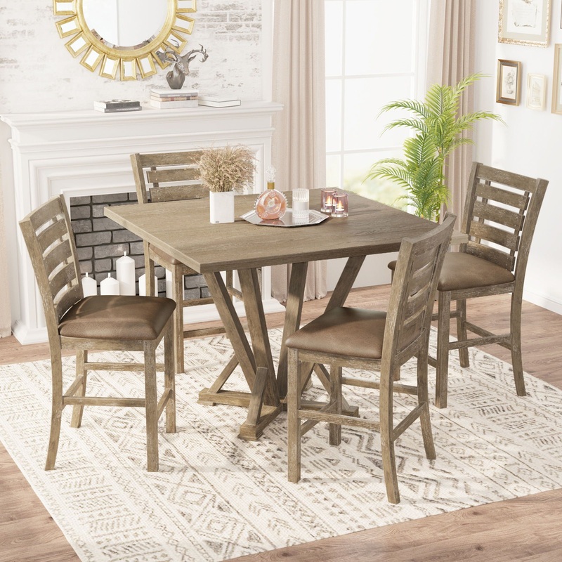 5 Pieces Set Counter Table Set Square Counter Table Solid Wood Modern Farmhouse Rustic Look Distressed Look – Grayish Brown