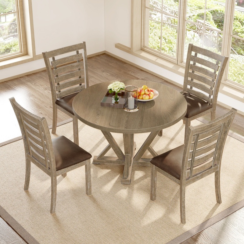 5 Pieces Table Set Round Dining Table Solid Wood Modern Farmhouse Rustic Look Distressed Look – Grayish Brown
