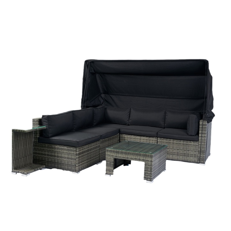 7 Piece Patio Furniture Set With Retractable Canopy Wicker Rattan Sectional Sofa Set Patio Furniture With Washable Cushions For Lawn, Garden, Backyard, Poolside Wicker And Cushion – Gray / Black
