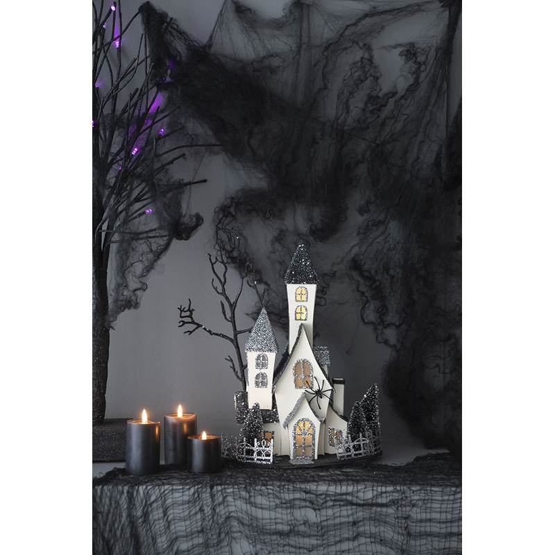Cardboard Lighted Haunted House, Tabletop Holiday Halloween Decor, Battery Powered – Beige / Black