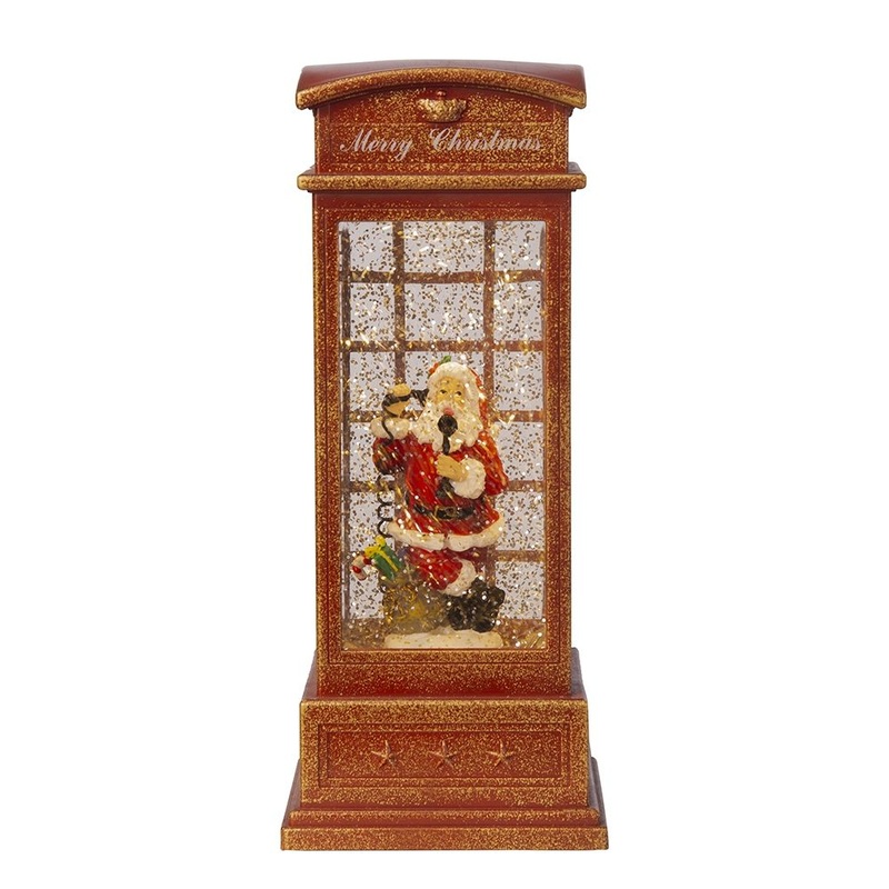Christmas Lighted Water Spinning Phone Booth With Santa On Phone, 3*AA Batteries Required – White / Red