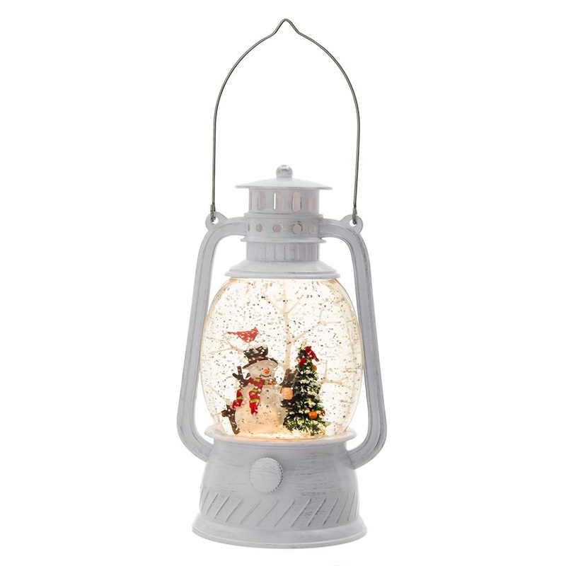 Christmas Plastic / Resin Lantern With Snowman & Tree LED / Water Spinning / 6 Hours Timer, 3*AA Batteries Required – White / Multi
