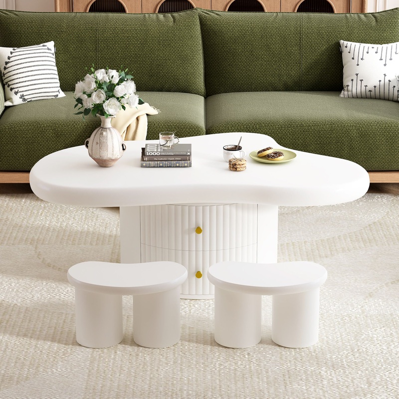Cloud – Coffee Table (Set of 3), Irregular Shape Coffee Table With 2 Drawers, 2 Small Stools For Living Room – White