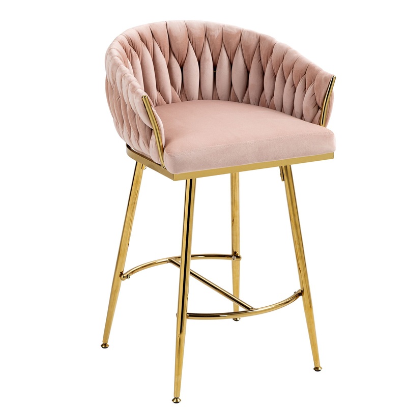 Counter Height Bar Stools Kitchen Island Counter Bar Stool With Hand – Wave Back, Golden Chromed Base And Footrest (Set of 2) – Pink