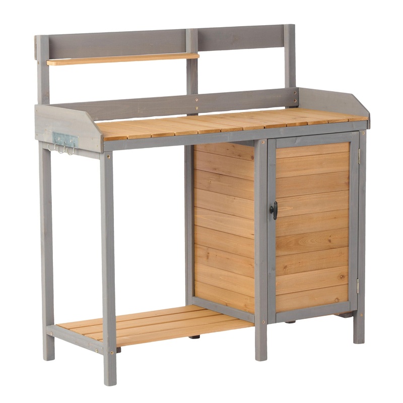 Outdoor Potting – Bench, Workstation Table With Cabinet For Backyard Garden Supplies – Brown / Gray