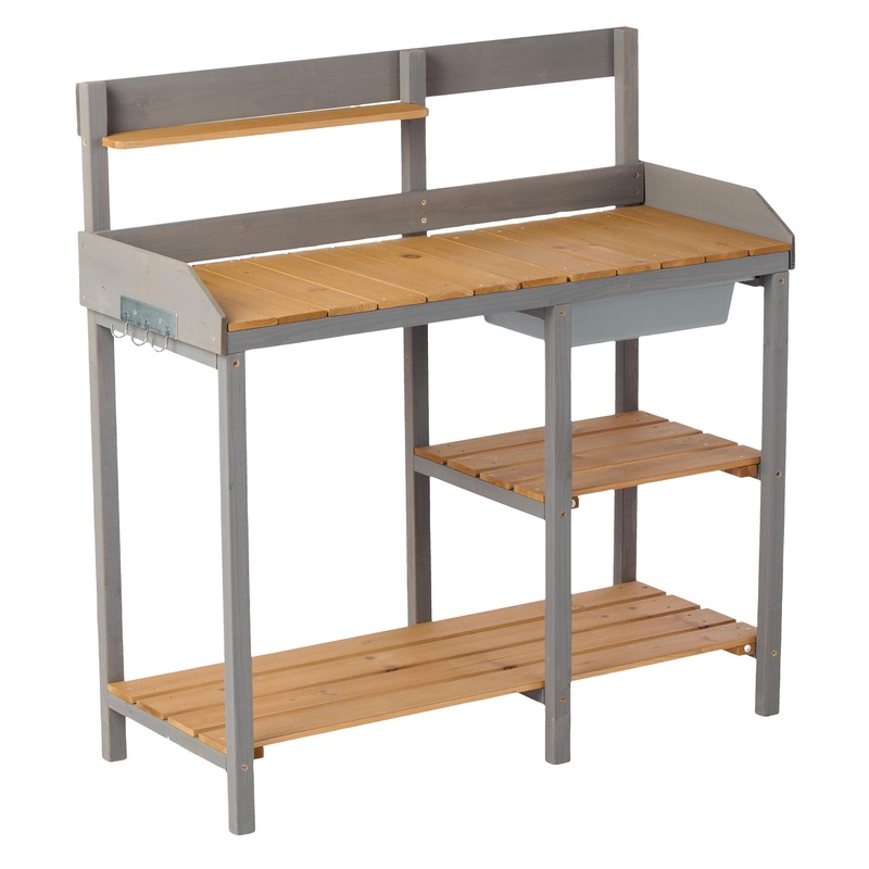 Outdoor Potting – Bench, Workstation Table With Cabinet For Backyard Garden Supplies – Gray / Brown