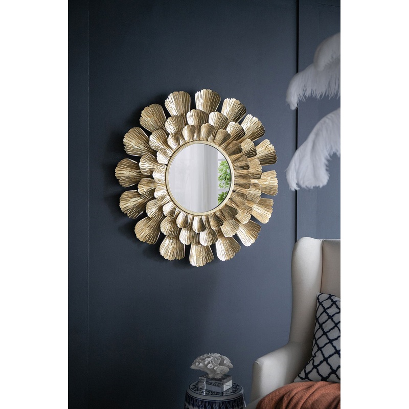 Round Metal Mirror With Trumpet Vine Motif – Gold