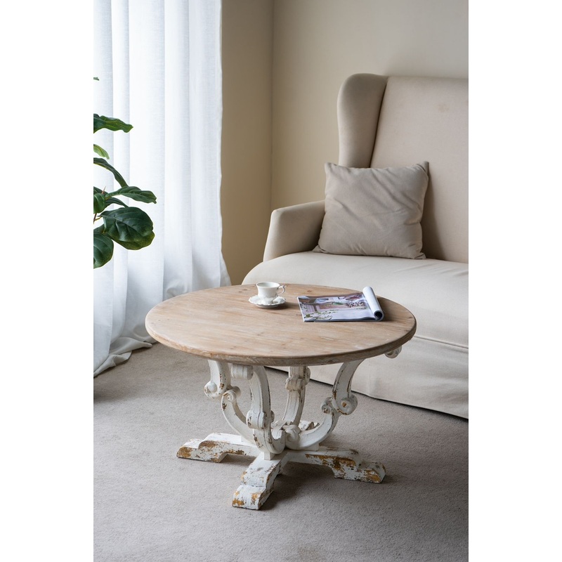 Round Wooden Coffee Table With Distressed Scrollwork Legs – Multicolor