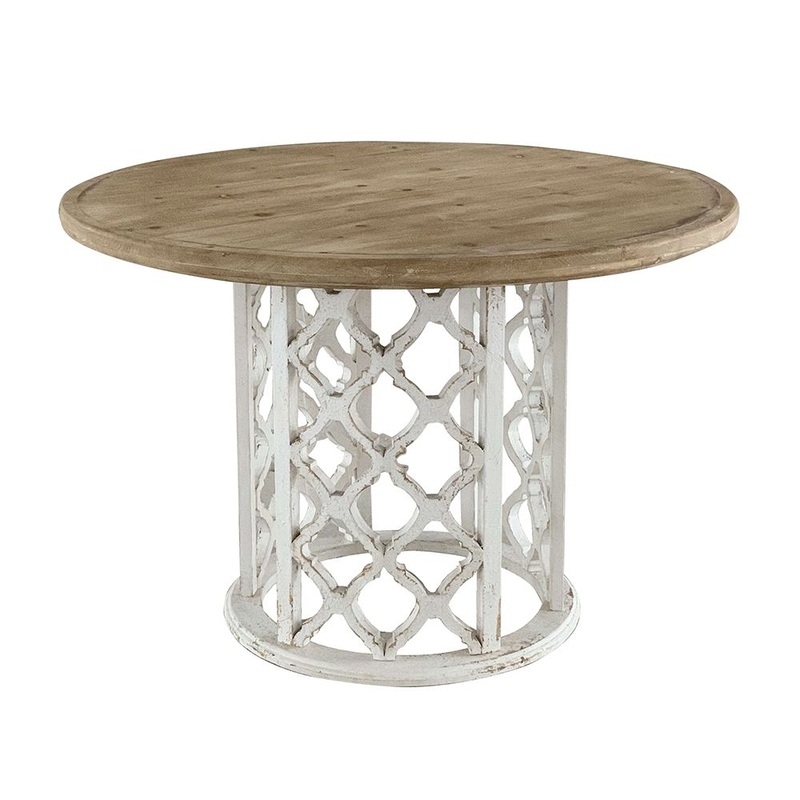 Round Wooden Dining Table With Ornate Cut Out Base – Brown / Antique White