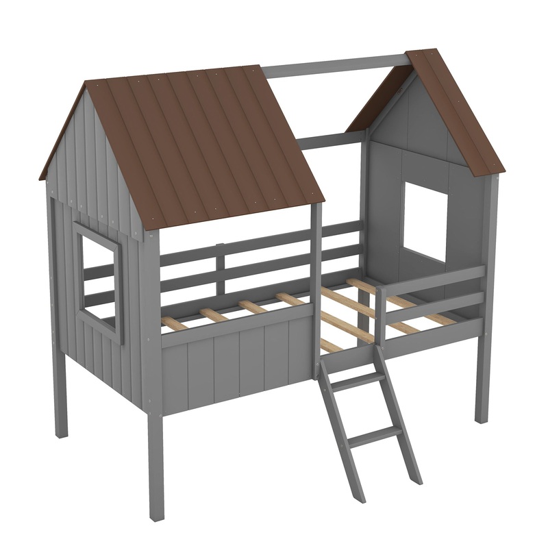 Twin Size Low Loft House Bed With Two Side Windows – Gray / Brown