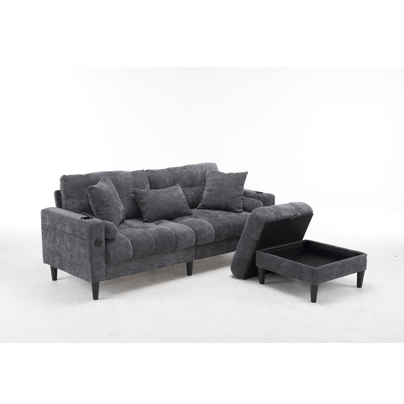 3 Seat L-Shaped Chenille Sofa With Removable And Storage Ottoman, Side Storage, And USB / C – Type Charging Ports Sofa For Living Room