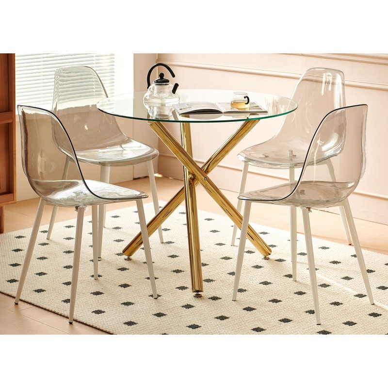 5 Pieces Dining Set, Table Metal Leg Mid-Century Dining Table For 4 – 6 People With Glass Table Top, Pedestal Dining Table, End Table Leisure Coffee Table – Golden
