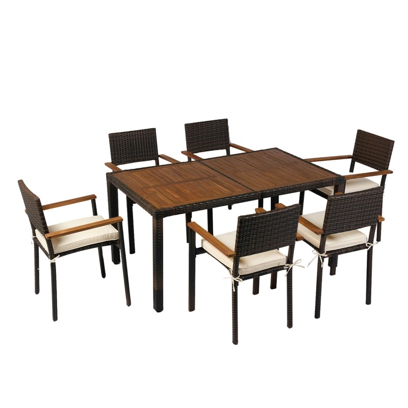 7 Piece Outdoor Patio Wicker Dining Set Patio Wicker Furniture Dining Set With Top – Brown / Cream