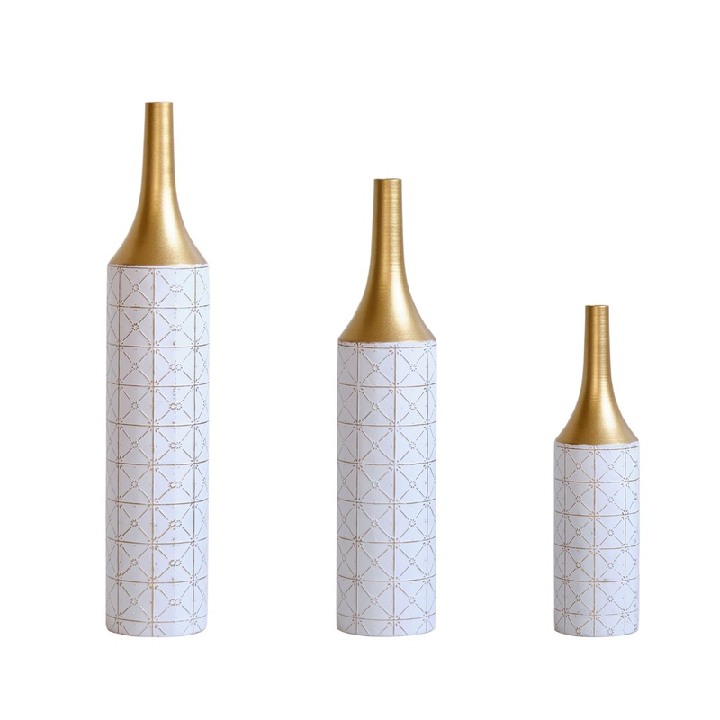 Floor Metal Vases Decorated White Metal Vases (Set of 3) Gorgeous Home Decoration Large Glazed Metal Vases – White / Gold