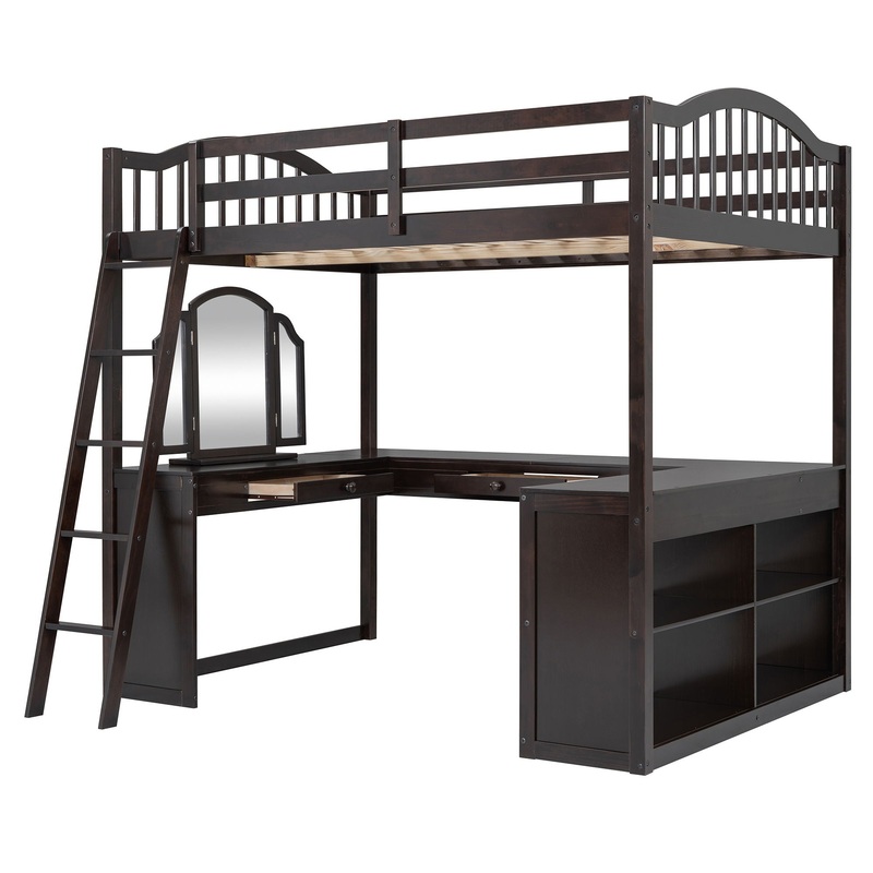 Full Loft Bed With U Shaped Desk, Storage Compartments And Tri Fold Mirror – Espresso