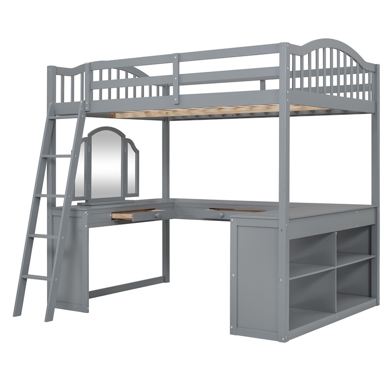 Full Loft Bed With U Shaped Desk, Storage Compartments And Tri Fold Mirror – Gray