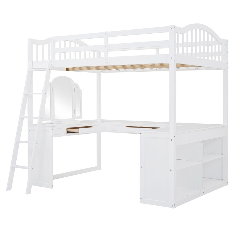 Full Loft Bed With U Shaped Desk, Storage Compartments And Tri Fold Mirror – White