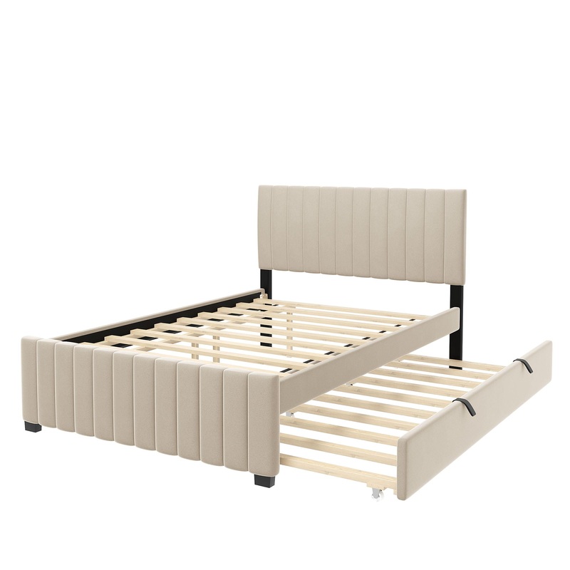 Full Size Elegant Upholstered Platform Bed With Twin Size Trundle – Beige
