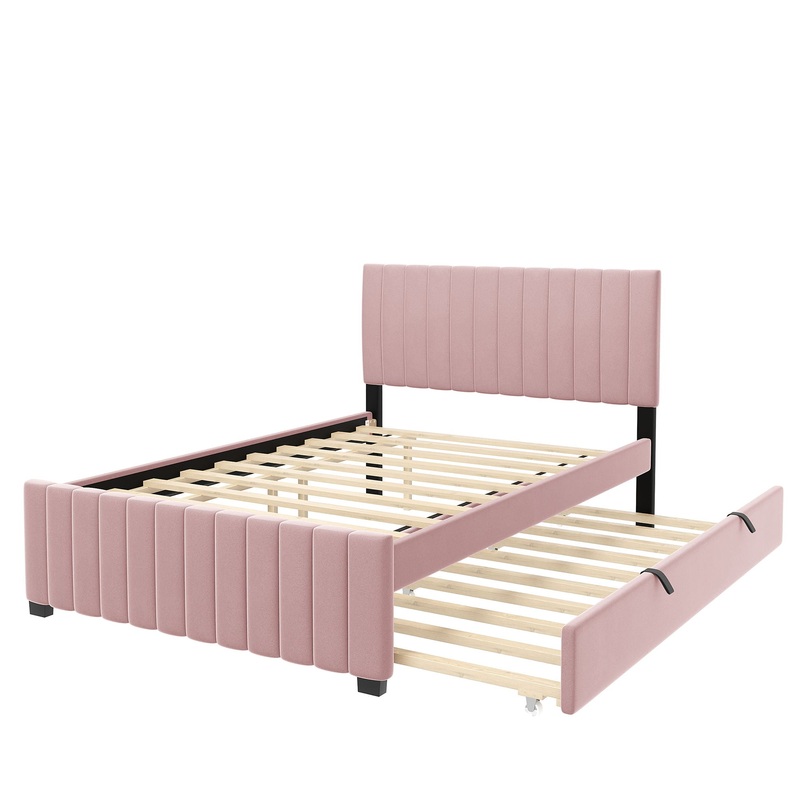 Full Size, Elegant Upholstered Platform Bed With Twin Size Trundle – Pink
