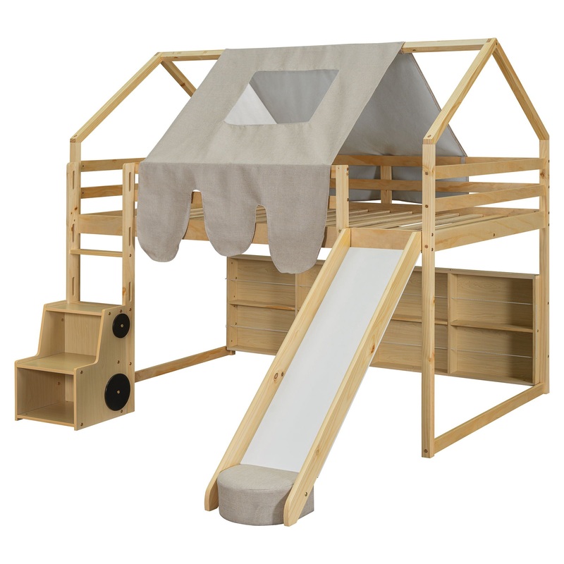 Full Size Loft Bed House Shaped Frame With Tent – Natural / Beige