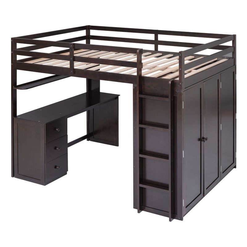 Full Size Loft Bed With Drawers, Desk, And Wardrobe – Espresso