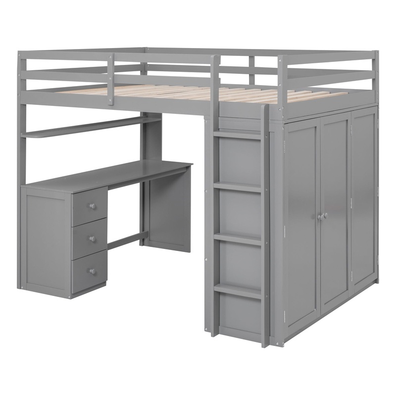 Full Size Loft Bed With Drawers, Desk, And Wardrobe – Gray