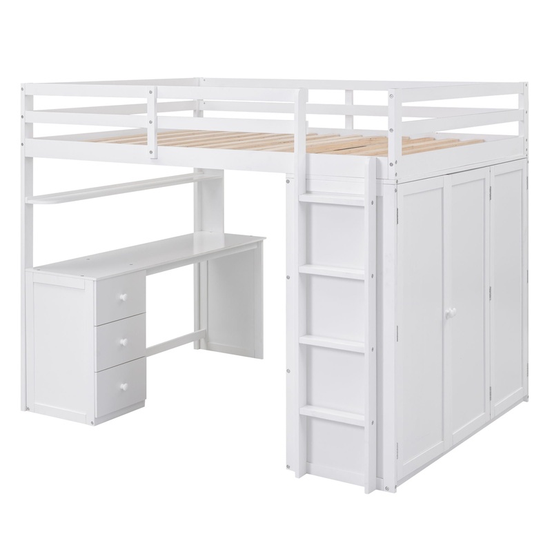 Full Size Loft Bed With Drawers, Desk, And Wardrobe – White