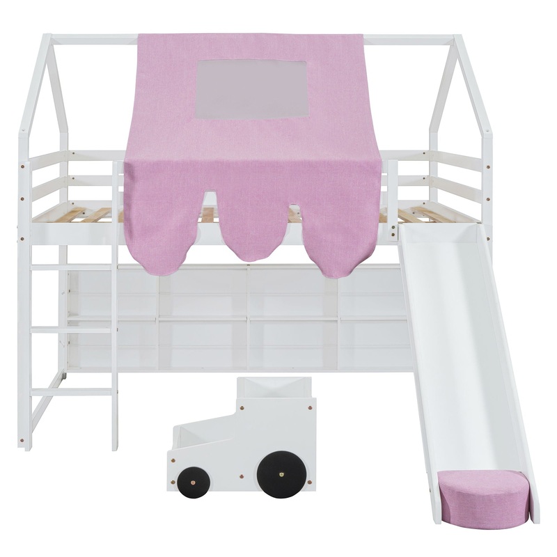 Full Size Loft Bed With House Shaped Frame And Tent – White / Pink